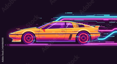 Futuristic automobile illustration with vivid neon light trails design