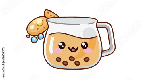 Cute kawaii boba tea illustration with tapioca pearls and cookie topping drink design for stickers