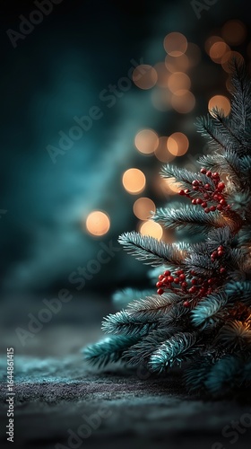 Christmas tree and lights. Festive Evergreen Branch with Bokeh Lights and Red Berries. Vertical Background with copy space.