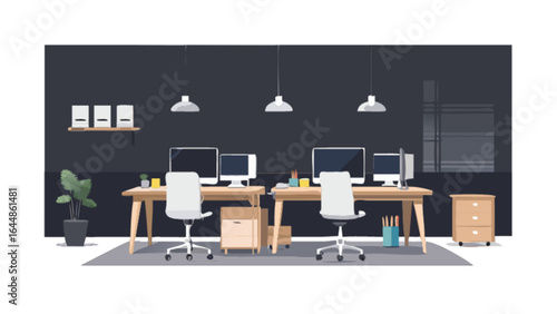 Office space interior design with desks chairs computers and lighting for business and coworking area