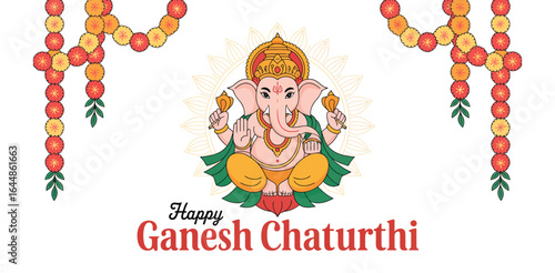 happy ganesh chaturthi greeting card with lord ganesha illustration, floral garlands, crown, festive message, hindu religious celebration