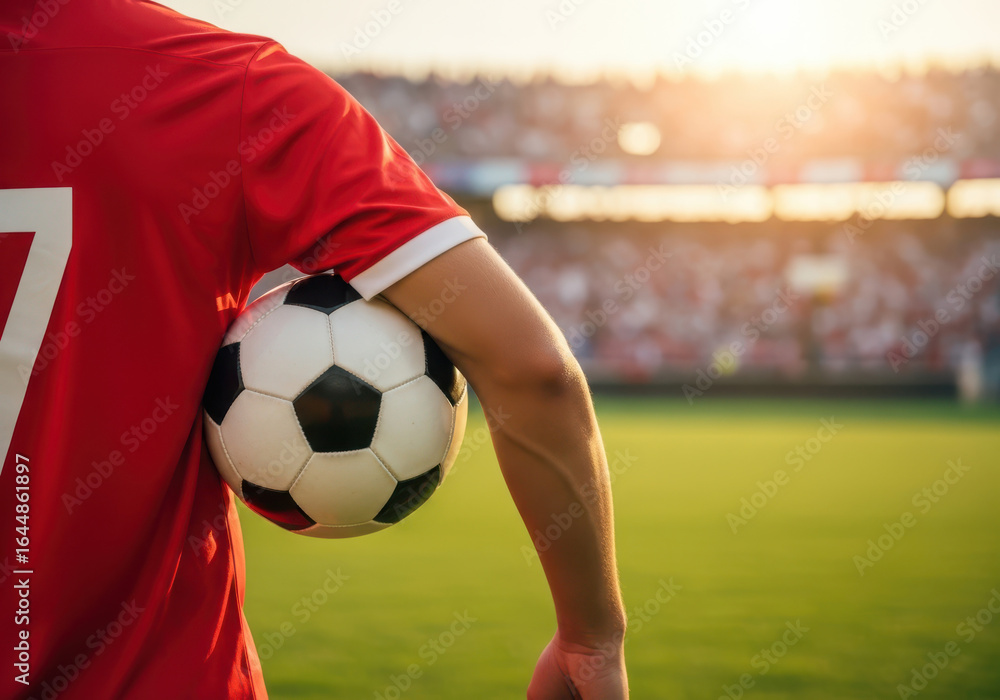 Fototapeta premium Soccer player in red jersey holding ball with stadium crowd and sunlight in background