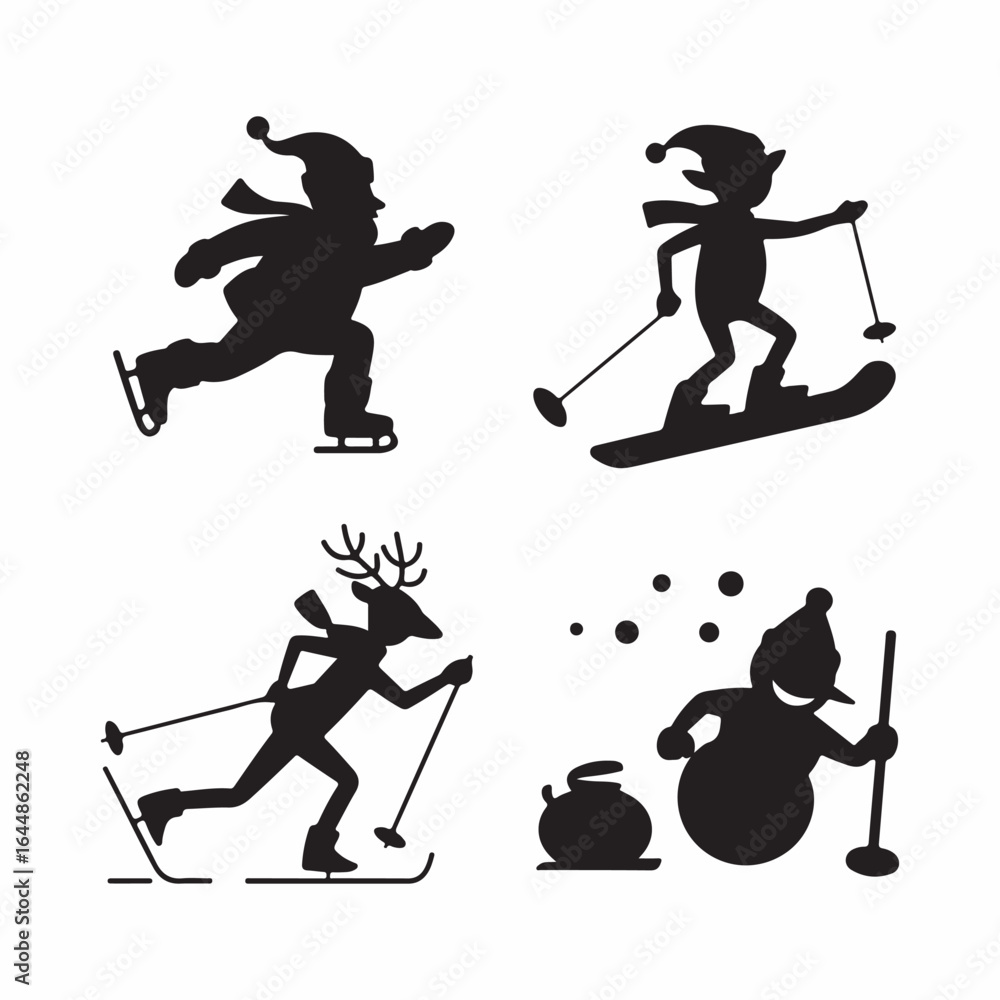 Fototapeta premium Christmas characters engaged in winter sports on a white background Keywords: christmas, winter, sports, skating, skiing, snowboarding, curling, snowman