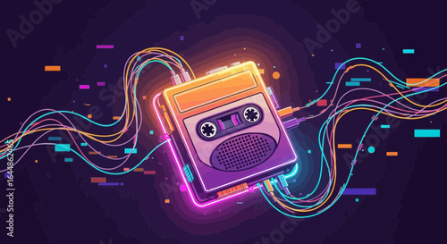 Neon Retro Audio Player with Vibrant Cables on a Dark Abstract Background