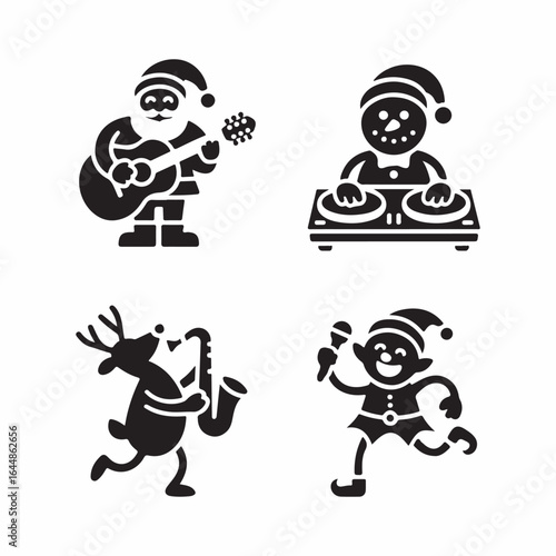 Christmas characters playing musical instruments and D Jing on a white background Keywords: christmas, santa, reindeer, elf, dj, guitar, saxophone, microphone