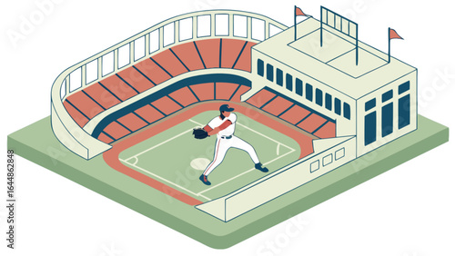 Isometric baseball stadium with pitcher illustration for sports event and game promotion design asset