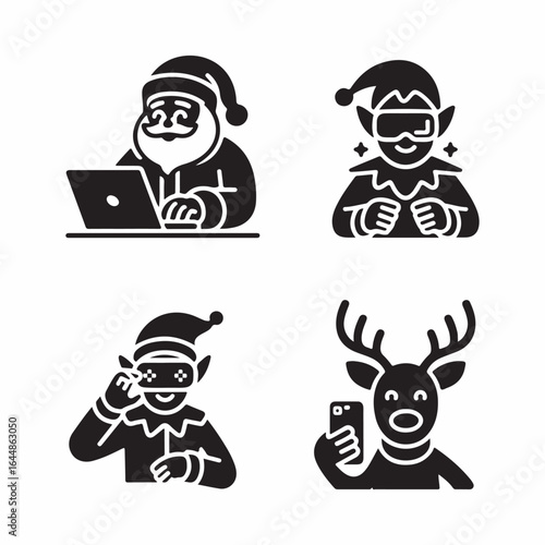 Christmas Characters Using Technology And Devices In A Modern Way santa claus reindeer