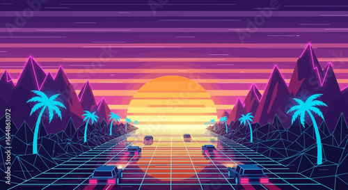 Retro futuristic neon cityscape with car driving towards a sunset horizon