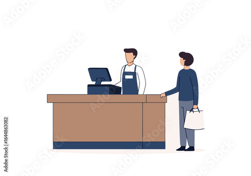 Illustration of a cashier assisting a customer at a checkout counter, showcasing a retail interaction in a minimalistic style.
