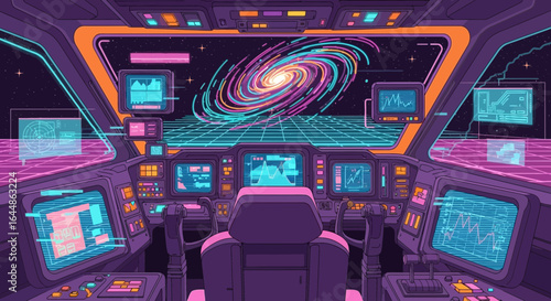Retro Futuristic Spacecraft Cockpit View with Galaxy and Control Panels