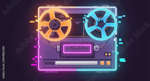 Retro Reel Recorder Deck with Vibrant Neon Outline for Music Production