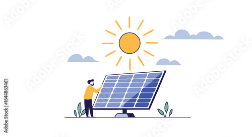 Illustration of a person examining a solar panel under a bright sun, representing renewable energy and sustainability.

