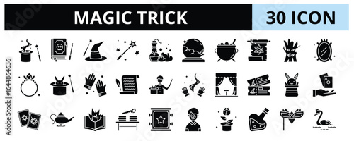 30 Magic Trick Glyph Icons Vector - Spell book, Wizard, Potion, Crystal Ball, Hat, Show, Tarot