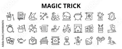30 Magic Trick Line Icons Vector - Spell book, Wizard, Potion, Crystal Ball, Hat, Show, Tarot