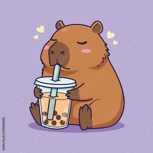 Cute Capybara Enjoying Boba Tea. vector illustration