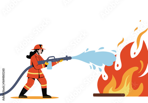 Female firefighter battles a raging fire with a powerful water stream. Dynamic action shot, vibrant colors, and a clear composition. Suitable for commercial use.
