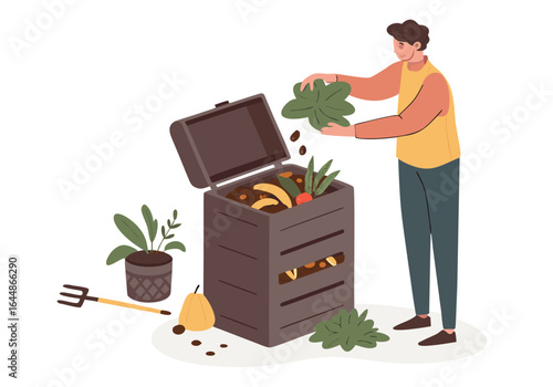 Man composting food scraps into a bin. Sustainable living concept. Flat vector illustration, clean design, green background. Perfect for eco-friendly themes.
