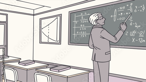 Professor teaching mathematics algebra geometry on blackboard in classroom education learning concept illustration