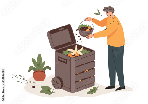 Man composting food scraps into a bin. Sustainable living concept. Flat vector illustration, clean design, green background. Perfect for eco-friendly themes.
