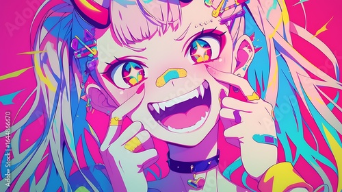 Female anime character evil oni demon face evil smile