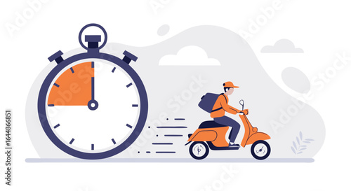 Illustration of a delivery person on a scooter with a stopwatch symbolizing fast delivery service.
