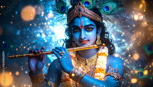 Epic Fantasy Art of Lord Krishna Holding Flute with Magical Sparkles