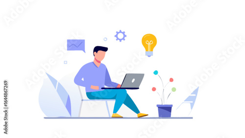 Illustration of man working on laptop for business idea generation and creative thinking process at home office