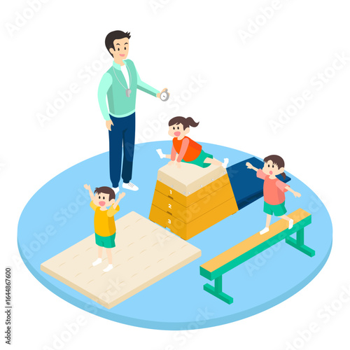 楽しく運動する子供たちと男性の先生のイメージイラスト