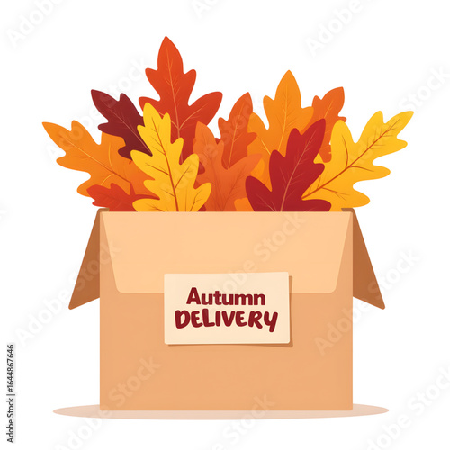 Open cardboard box with autumn leaves, seasonal delivery concept