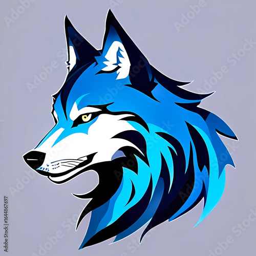 blue, white, and black wolf head logo (mascot, emblem, icon, symbol) - animal art
