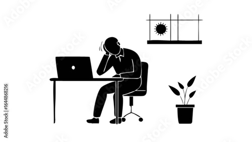 Frustrated overworked employee burnout at desk with laptop stress and anxiety in office work from home concept