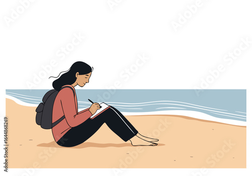 A young Asian woman sits on a sandy beach, writing in a notebook. Relaxed, contemplative scene with a serene ocean backdrop. Ideal for travel, journaling, or creative concepts.