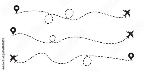 Airplane line path icon of air plane flight route dash line trace with start point. Simple airplane travel line path with map pins. Plane routes dotted paths . eps 10 