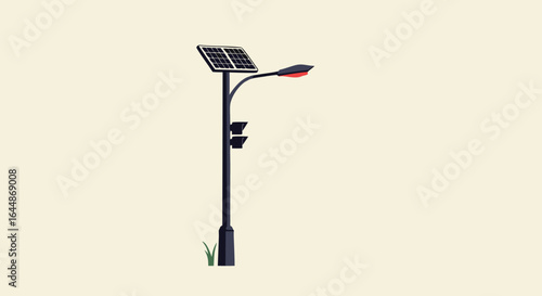Minimalist illustration of a solar-powered street light with a traffic signal, showcasing eco-friendly technology and clean design aesthetics.
