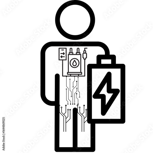 Conceptual illustration of a person with internal energy systems and a battery, representing power, technology, and human potential.