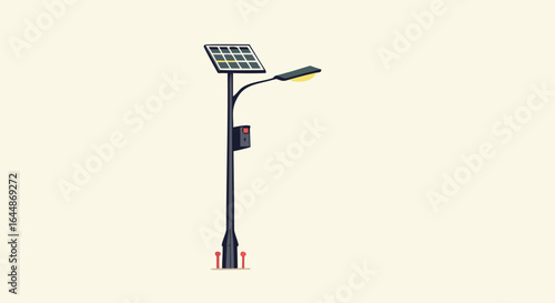 Minimalist illustration of a solar-powered street light with a traffic signal, showcasing eco-friendly technology and clean design aesthetics.

