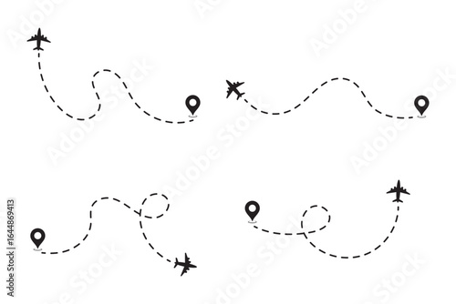 Flight path designs illustrating airplane tracking routes with dynamic dotted lines for travel maps .  Vector illustration of air plane flight route . eps 10 