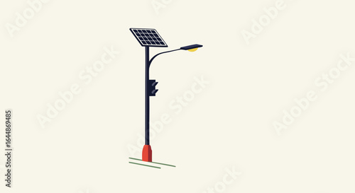 Minimalist illustration of a solar-powered street light with a traffic signal, showcasing eco-friendly technology and clean design aesthetics.
