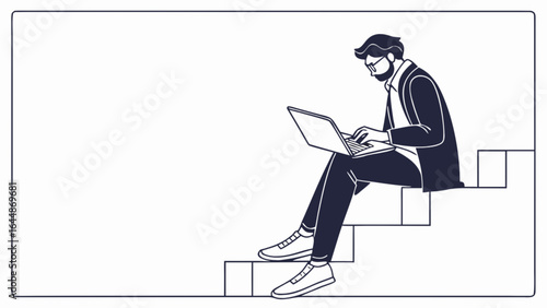 Man working on laptop on stairs wearing mask remote work freelance coder developer programmer illustration