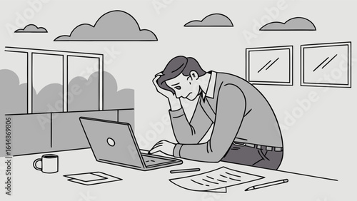 Stressed overworked businessman working on laptop in office with depression and anxiety vector illustration