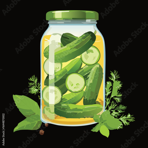 Homemade Pickles in a Jar with Herbs and Slices - Vector Illustration