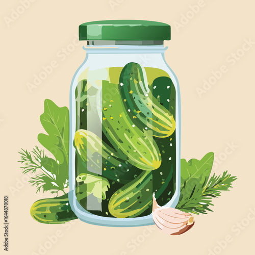 Jar of Pickled Cucumbers with Fresh Dill and Garlic - Vector Illustration