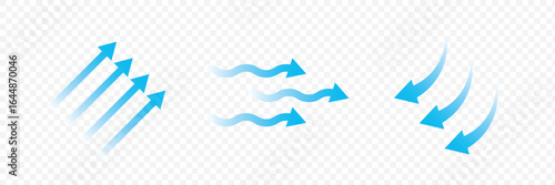 Air flow set. Blue arrows showing air. Set of blue arrow showing wind air flow. Blue air flow arrows showing wind circulation and ventilation. eps 10  