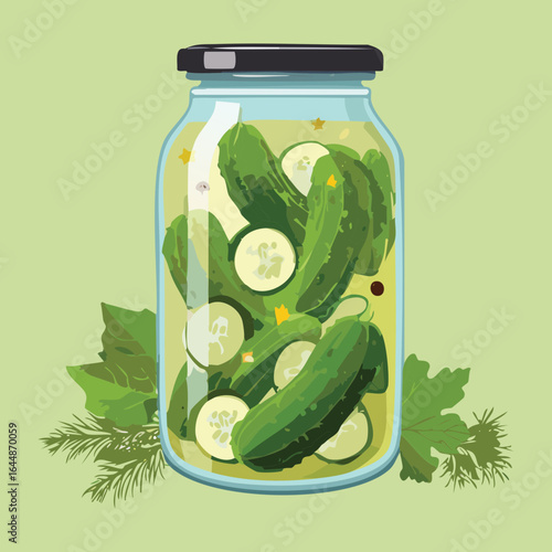 Pickled Cucumbers in a Glass Jar with Spices - Vector Illustration