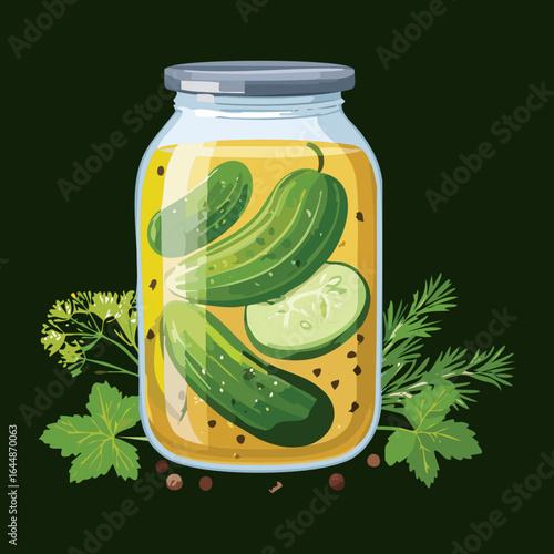 Jar of Pickled Cucumbers with Dill and Sliced Gherkins - Vector Illustration
