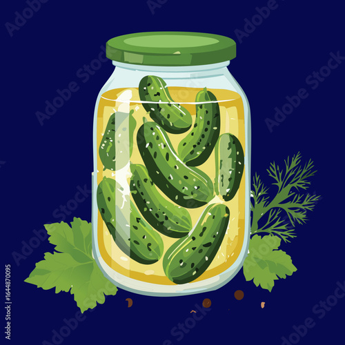 Jar of Pickled Cucumbers with Dill on Dark Background - Vector Illustration