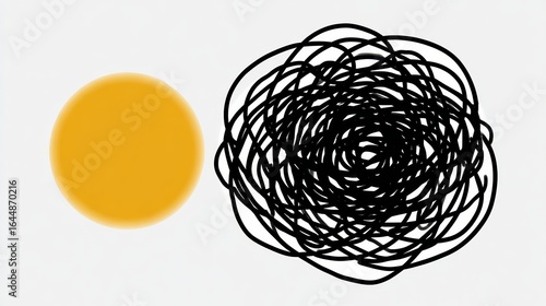 Yellow circle and a black spiral. The circle is a symbol of order and the spiral is a symbol of chaos. The image is meant to represent the idea that sometimes things can get messy