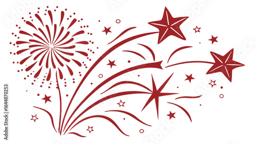 Red fireworks and stars illustration for new year celebration and festive holiday events vector graphic design