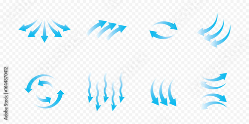 Air flow arrows set. Set of blue arrow showing wind air flow.  Blue air flow arrows showing wind circulation and ventilation.  Set of blue arrows showing direction of air movement. 