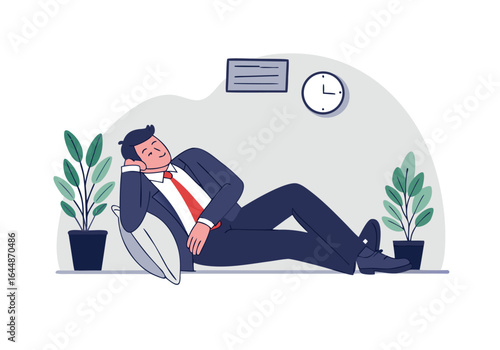 A businessman dozes on a chair in an office, enjoying a power nap. Soft colors and a relaxed atmosphere convey a moment of respite. Suitable for business and wellness themes.
